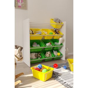 12 Sepetli Sarı Ve Yeşil Oyuncak Dolabı, Çok Amaçlı Dolap, Montessori Dolap
