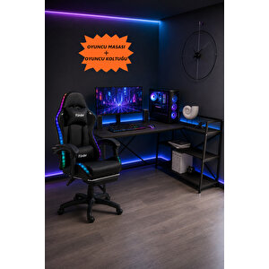Oyuncu Masası + Oyuncu Koltuğu Takımı, L Masa Ve Ledli Sandalye Seti, Raflı Masa, Gaming Masası, Gaming Sandalyesi
