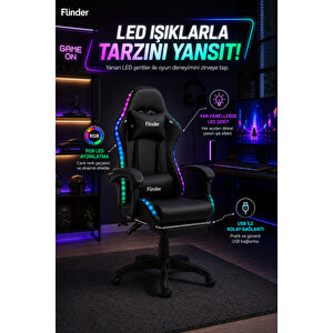 Premium Siyah Oyuncu Koltuğu, Ledli Sandalye, Işıklı, Yüksekliği Ayarlanabilir, Oyuncu Sandalyesi, Ofis Koltuğu, Çalışma Sandalyesi - 150 Kg Taşıma Kapasitesi