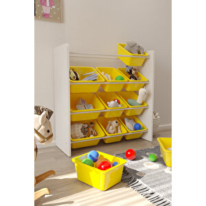 12 Sepetli Sarı Oyuncak Dolabı, Çok Amaçlı Dolap, Montessori Dolap