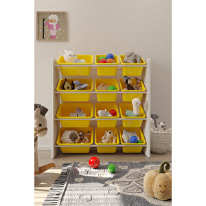 12 Sepetli Sarı Oyuncak Dolabı, Çok Amaçlı Dolap, Montessori Dolap