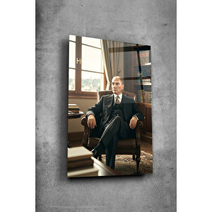 Atatürk Cam Tablo - Portre - Cam Tablo - Duvar Dekoru - Atatürk Portresi - Kaliteli Baskı Ata024 | Atatürk Temalı Dekoratif Duvar Tablosu, Salon, Ofis Ve Çalışma Alanı Dekoru, 46x71 cm
