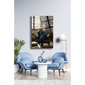Atatürk Cam Tablo - Portre - Cam Tablo - Duvar Dekoru - Atatürk Portresi - Kaliteli Baskı Ata024 | Atatürk Temalı Dekoratif Duvar Tablosu, Salon, Ofis Ve Çalışma Alanı Dekoru, 46x71 cm