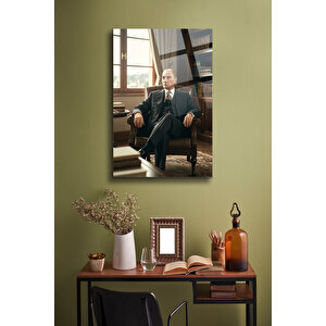 Atatürk Cam Tablo - Portre - Cam Tablo - Duvar Dekoru - Atatürk Portresi - Kaliteli Baskı Ata024 | Atatürk Temalı Dekoratif Duvar Tablosu, Salon, Ofis Ve Çalışma Alanı Dekoru, 46x71 cm