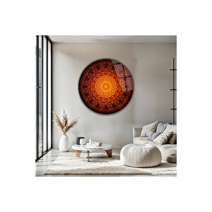 Modern Bohem Turuncu Mandala Desenli Yuvarlak Dekoratif Cam Tablo | Bohem Temalı Dekoratif Duvar Tablosu, Salon, Yatak Odası Ve Çalışma Alanı Dekoru, 100x100 Cm 100x100 cm
