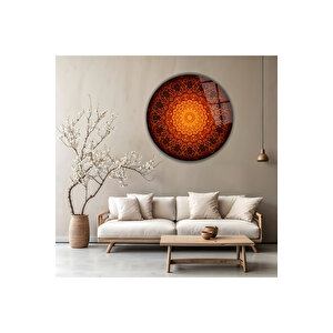 Modern Bohem Turuncu Mandala Desenli Yuvarlak Dekoratif Cam Tablo | Bohem Temalı Dekoratif Duvar Tablosu, Salon, Yatak Odası Ve Çalışma Alanı Dekoru, 100x100 Cm 100x100 cm