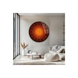 Modern Bohem Turuncu Mandala Desenli Yuvarlak Dekoratif Cam Tablo | Bohem Temalı Dekoratif Duvar Tablosu, Salon, Yatak Odası Ve Çalışma Alanı Dekoru, 100x100 Cm 80x80 cm