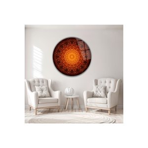 Modern Bohem Turuncu Mandala Desenli Yuvarlak Dekoratif Cam Tablo | Bohem Temalı Dekoratif Duvar Tablosu, Salon, Yatak Odası Ve Çalışma Alanı Dekoru, 100x100 Cm 80x80 cm