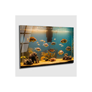 Akvaryum Balık Cam Tablo - Dekoratif Cam Tablo, Duvar Dekoru Hediyelik Büyük Tablo | Deniz Temalı Dekoratif Duvar Tablosu, Salon, Ofis Ve Yazlık Dekoru, 72x46 cm