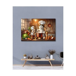 Kedi Fare Ocak Arkası Şef Aşçı Mutfak Cam Tablo Modern Ev Ofis Salon Oda Dekor Hediyelik | Hayvan Figürlü Dekoratif Duvar Tablosu, Salon, Ofis Ve Çalışma Alanı Dekoru, 72x46 cm