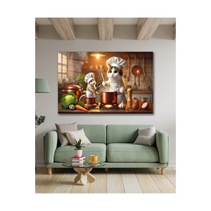 Kedi Fare Ocak Arkası Şef Aşçı Mutfak Cam Tablo Modern Ev Ofis Salon Oda Dekor Hediyelik | Hayvan Figürlü Dekoratif Duvar Tablosu, Salon, Ofis Ve Çalışma Alanı Dekoru, 72x46 cm