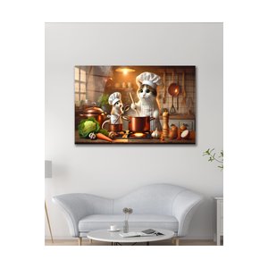 Kedi Fare Ocak Arkası Şef Aşçı Mutfak Cam Tablo Modern Ev Ofis Salon Oda Dekor Hediyelik | Hayvan Figürlü Dekoratif Duvar Tablosu, Salon, Ofis Ve Çalışma Alanı Dekoru, 72x46 cm