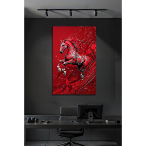 Modern Kırmızı Şahlanan At Figürlü Dekoratif Cam Tablo Temperli Lüks Duvar Dekoru | Doğa Ve Manzara Temalı Dekoratif Duvar Tablosu, Salon, Yatak Odası Ve Ofis Dekoru, 72x46 cm