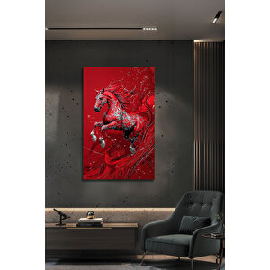 Modern Kırmızı Şahlanan At Figürlü Dekoratif Cam Tablo Temperli Lüks Duvar Dekoru | Doğa Ve Manzara Temalı Dekoratif Duvar Tablosu, Salon, Yatak Odası Ve Ofis Dekoru, 72x46 cm