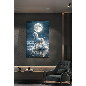 Dolunay Ve Beyaz At Temalı Dekoratif Cam Tablo Gece Denizi Ve Dalga Manzaralı | Deniz Temalı Dekoratif Duvar Tablosu, Salon, Ofis Ve Yazlık Dekoru, 30x45 cm