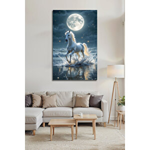Dolunay Ve Beyaz At Temalı Dekoratif Cam Tablo Gece Denizi Ve Dalga Manzaralı | Deniz Temalı Dekoratif Duvar Tablosu, Salon, Ofis Ve Yazlık Dekoru, 30x45 cm