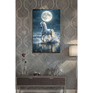 Dolunay Ve Beyaz At Temalı Dekoratif Cam Tablo Gece Denizi Ve Dalga Manzaralı | Deniz Temalı Dekoratif Duvar Tablosu, Salon, Ofis Ve Yazlık Dekoru, 30x45 cm