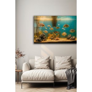 Akvaryum Balık Desenli Cam Tablo Dekoratif Deniz Altı Dünyası Figürlü Şık Duvar Sanatı | Deniz Temalı Dekoratif Duvar Tablosu, Salon, Ofis Ve Yazlık Dekoru, 110x70 cm