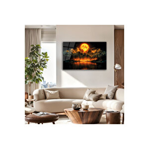 Dağ Manzarası Ve Ay Işığı Temalı Modern Cam Tablo | Doğa Ve Manzara Temalı Dekoratif Duvar Tablosu, Salon, Yatak Odası Ve Ofis Dekoru, 110x70 cm