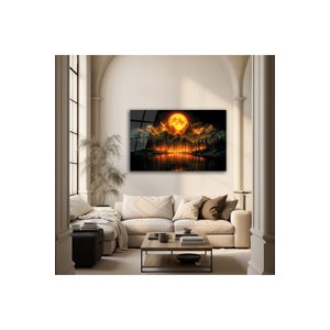 Dağ Manzarası Ve Ay Işığı Temalı Modern Cam Tablo | Doğa Ve Manzara Temalı Dekoratif Duvar Tablosu, Salon, Yatak Odası Ve Ofis Dekoru, 72x46 cm