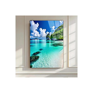 Premium Egzotik Plaj Manzarası Cam Tablo – Masmavi Deniz Ve Beyaz Kumlar | Deniz Temalı Dekoratif Duvar Tablosu, Salon, Ofis Ve Yazlık Dekoru, 50x70 Cm 70x100 cm