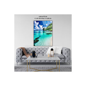 Premium Egzotik Plaj Manzarası Cam Tablo – Masmavi Deniz Ve Beyaz Kumlar | Deniz Temalı Dekoratif Duvar Tablosu, Salon, Ofis Ve Yazlık Dekoru, 50x70 Cm 70x100 cm