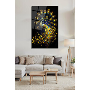 Derin Siyah Üzerine Gold Tavus Kuşu Cam Tablo | Altın Yaprak Ve Mavi Detaylı Lüks Duvar Sanatı | Hayvan Figürlü Dekoratif Duvar Tablosu, Salon, Ofis Ve Çalışma Alanı Dekoru, 72x46 cm