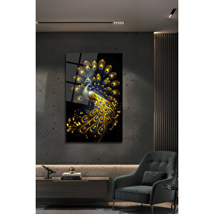 Derin Siyah Üzerine Gold Tavus Kuşu Cam Tablo | Altın Yaprak Ve Mavi Detaylı Lüks Duvar Sanatı | Hayvan Figürlü Dekoratif Duvar Tablosu, Salon, Ofis Ve Çalışma Alanı Dekoru, 72x46 cm