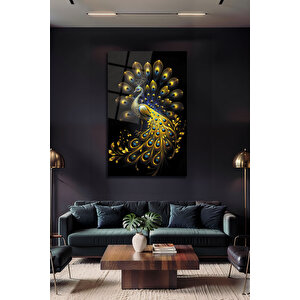 Derin Siyah Üzerine Gold Tavus Kuşu Cam Tablo | Altın Yaprak Ve Mavi Detaylı Lüks Duvar Sanatı | Hayvan Figürlü Dekoratif Duvar Tablosu, Salon, Ofis Ve Çalışma Alanı Dekoru, 72x46 cm