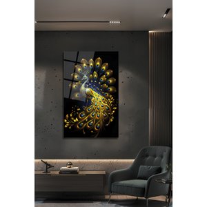 Derin Siyah Üzerine Gold Tavus Kuşu Cam Tablo | Altın Yaprak Ve Mavi Detaylı Lüks Duvar Sanatı | Hayvan Figürlü Dekoratif Duvar Tablosu, Salon, Ofis Ve Çalışma Alanı Dekoru, 90x60 cm