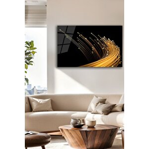 Dekoratif Gold Çizgi Detaylı Siyah Cam Tablo Modern Soyut Işık Demeti | Doğa Ve Manzara Temalı Dekoratif Duvar Tablosu, Salon, Yatak Odası Ve Ofis Dekoru, 72x46 cm