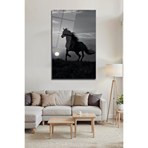 Koşan At Silüeti Dolunay Manzarası Siyah Beyaz Dekoratif Cam Tablo | Doğa Ve Manzara Temalı Dekoratif Duvar Tablosu, Salon, Yatak Odası Ve Ofis Dekoru, 90x60 Cm 110x70 cm