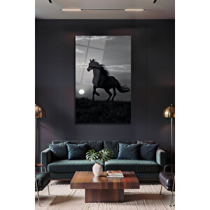 Koşan At Silüeti Dolunay Manzarası Siyah Beyaz Dekoratif Cam Tablo | Doğa Ve Manzara Temalı Dekoratif Duvar Tablosu, Salon, Yatak Odası Ve Ofis Dekoru, 90x60 Cm 110x70 cm