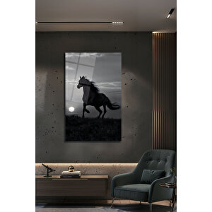 Koşan At Silüeti Dolunay Manzarası Siyah Beyaz Dekoratif Cam Tablo | Doğa Ve Manzara Temalı Dekoratif Duvar Tablosu, Salon, Yatak Odası Ve Ofis Dekoru, 90x60 Cm 110x70 cm