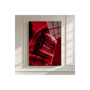 Whiskey Şişesi Cam Tablo – Jack Daniel Kırmızı Işık Detaylı Tasarım | Doğa Ve Manzara Temalı Dekoratif Duvar Tablosu, Salon, Yatak Odası Ve Ofis Dekoru, 60x90 cm