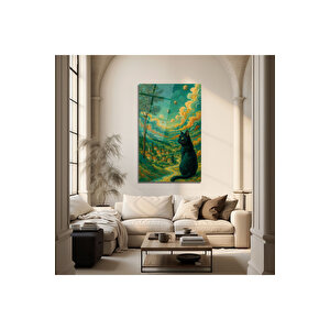 Doğa Ve Gökyüzü Manzarasında Siyah Kedi Modern Cam Tablo | Hayvan Figürlü Dekoratif Duvar Tablosu, Salon, Ofis Ve Çalışma Alanı Dekoru, 72x46 cm