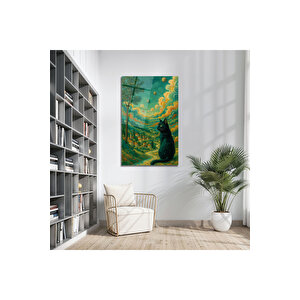 Doğa Ve Gökyüzü Manzarasında Siyah Kedi Modern Cam Tablo | Hayvan Figürlü Dekoratif Duvar Tablosu, Salon, Ofis Ve Çalışma Alanı Dekoru, 72x46 cm