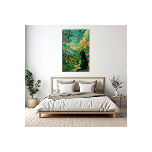 Doğa Ve Gökyüzü Manzarasında Siyah Kedi Modern Cam Tablo | Hayvan Figürlü Dekoratif Duvar Tablosu, Salon, Ofis Ve Çalışma Alanı Dekoru, 72x46 cm