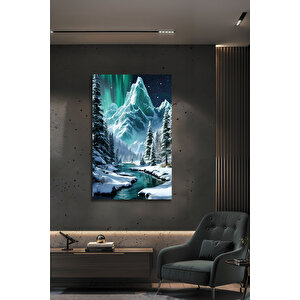 Kuzey Işıkları Ve Karlı Dağ Manzaralı Cam Tablo Modern Dekoratif Duvar Tablosu | Doğa Ve Manzara Temalı Dekoratif Duvar Tablosu, Salon, Yatak Odası Ve Ofis Dekoru, 110x70 cm
