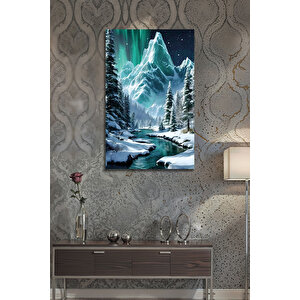 Kuzey Işıkları Ve Karlı Dağ Manzaralı Cam Tablo Modern Dekoratif Duvar Tablosu | Doğa Ve Manzara Temalı Dekoratif Duvar Tablosu, Salon, Yatak Odası Ve Ofis Dekoru, 110x70 cm