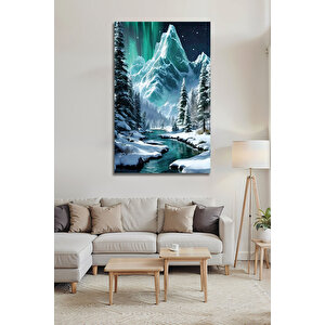 Kuzey Işıkları Ve Karlı Dağ Manzaralı Cam Tablo Modern Dekoratif Duvar Tablosu | Doğa Ve Manzara Temalı Dekoratif Duvar Tablosu, Salon, Yatak Odası Ve Ofis Dekoru, 110x70 cm