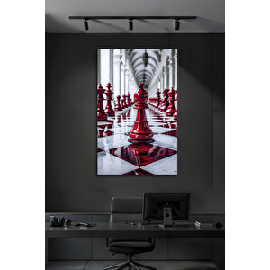 Kırmızı Satranç Temalı Modern Cam Tablo Modern Tasarım Şık Duvar Aksesuarı | Doğa Ve Manzara Temalı Dekoratif Duvar Tablosu, Salon, Yatak Odası Ve Ofis Dekoru, 110x70 cm