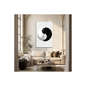Siyah Ve Beyaz Kedi Tasarımlı Cam Tablo – Minimal Ve Modern Dekor | Hayvan Figürlü Dekoratif Duvar Tablosu, Salon, Ofis Ve Çalışma Alanı Dekoru, 90x60 cm