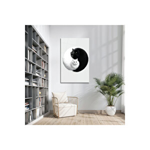 Siyah Ve Beyaz Kedi Tasarımlı Cam Tablo – Minimal Ve Modern Dekor | Hayvan Figürlü Dekoratif Duvar Tablosu, Salon, Ofis Ve Çalışma Alanı Dekoru, 90x60 cm