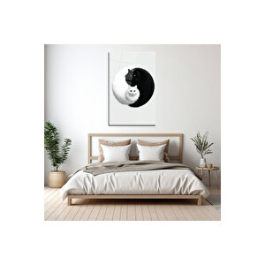 Siyah Ve Beyaz Kedi Tasarımlı Cam Tablo – Minimal Ve Modern Dekor | Hayvan Figürlü Dekoratif Duvar Tablosu, Salon, Ofis Ve Çalışma Alanı Dekoru, 90x60 cm