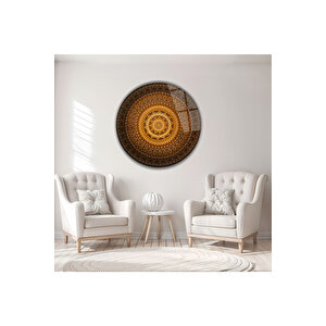 Antik Gold Toprak Tonları Modern Mandala Yuvarlak Dekoratif Cam Tablo | Doğa Ve Manzara Temalı Dekoratif Duvar Tablosu, Salon, Yatak Odası Ve Ofis Dekoru, 50x50 Cm 70x70 cm