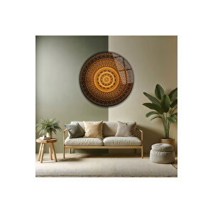 Antik Gold Toprak Tonları Modern Mandala Yuvarlak Dekoratif Cam Tablo | Doğa Ve Manzara Temalı Dekoratif Duvar Tablosu, Salon, Yatak Odası Ve Ofis Dekoru, 50x50 Cm 70x70 cm