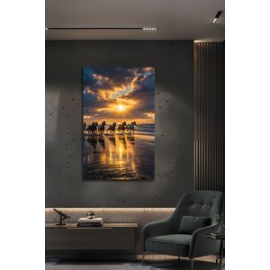 Lüks Sahilde Koşan Atlar Gün Batımı Dekoratif Cam Tablo | Deniz Temalı Dekoratif Duvar Tablosu, Salon, Ofis Ve Yazlık Dekoru, 72x46 cm