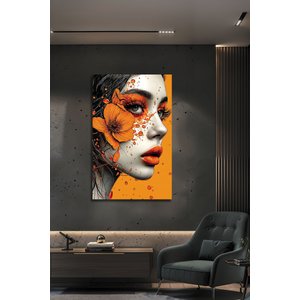 Modern Turuncu Çiçekli Lüks Kadın Portresi Dekoratif Cam Tablo | Çiçek Temalı Dekoratif Duvar Tablosu, Salon Ve Yatak Odası Dekoru, 90x60 cm