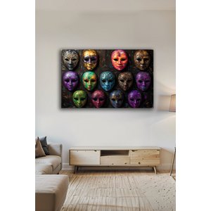 3d Görünümlü Modern Renkli Maske Desenli Dekoratif Lüks Cam Tablo | Modern Dekorasyon Temalı Dekoratif Duvar Tablosu, Salon, Ev Ve Ofis Dekoru, 72x46 cm